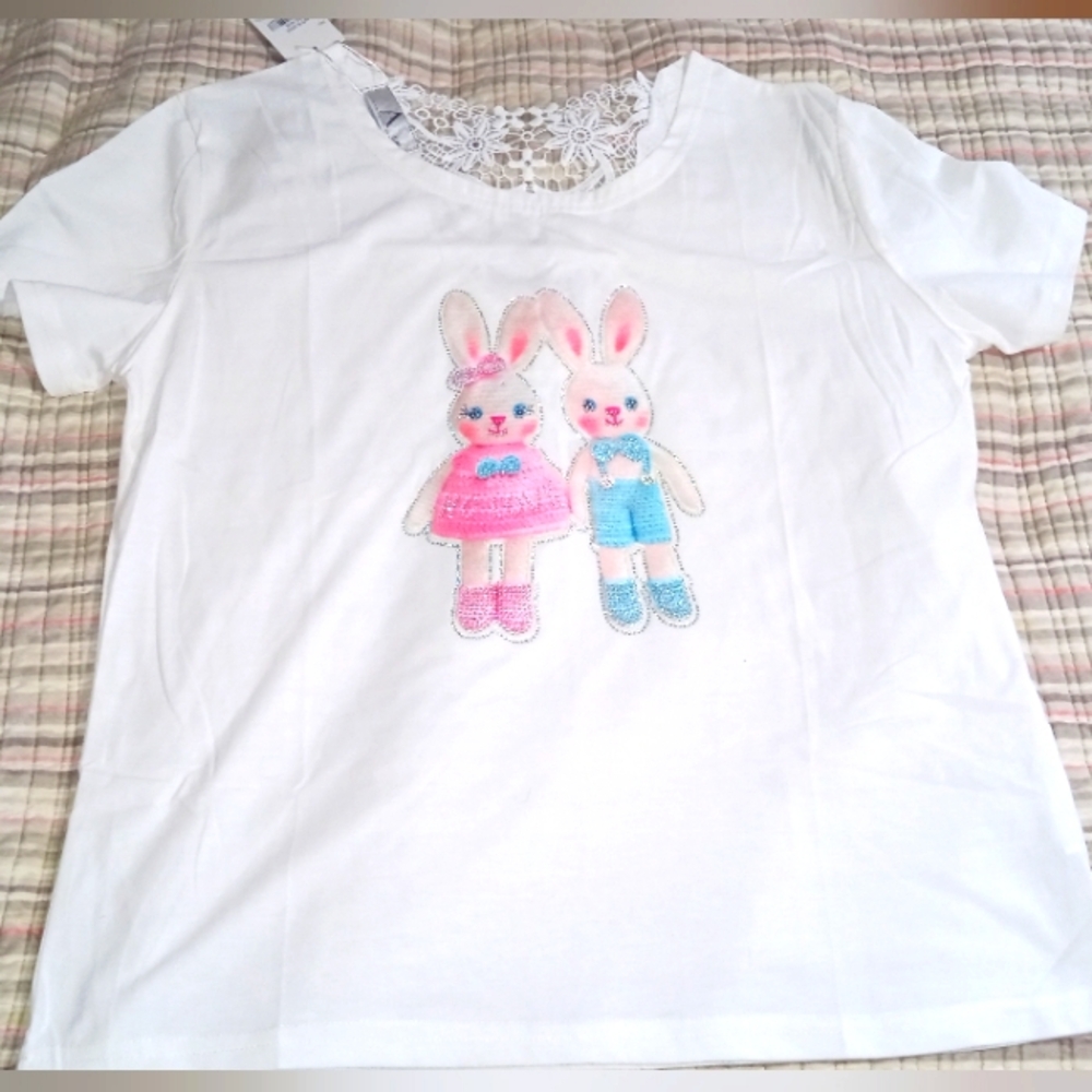 🐇 KAWAII BUNNY GRAPHIC T SHIRT WOMENS TOP LACE DETAIL SIZE S/M
